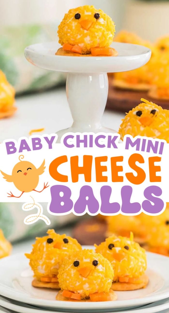 Adorable baby chick mini cheese balls arranged on a stand, with playful text that reads "Baby Chick Mini Cheese Balls.