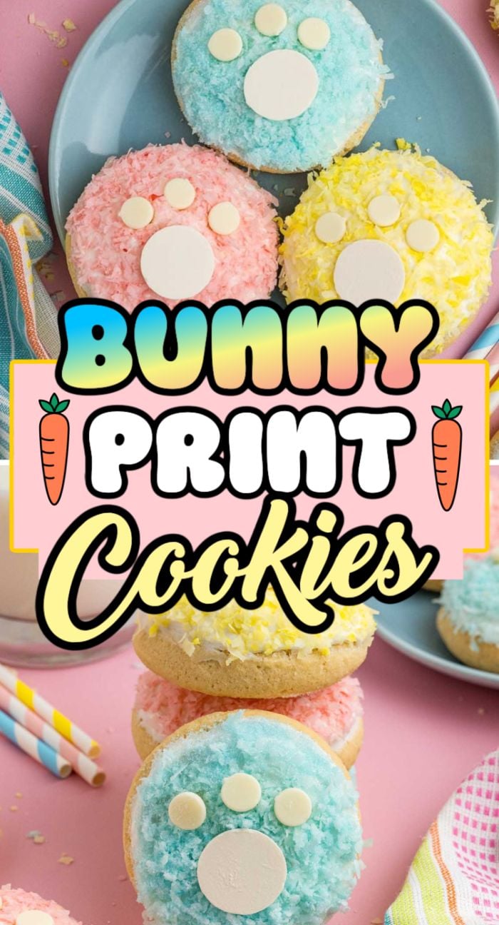 Colorful bunny paw print cookies on a pastel plate, featuring "Bunny Print Cookies" text and cute carrot illustrations. Perfect for spring gatherings or Easter treats!.