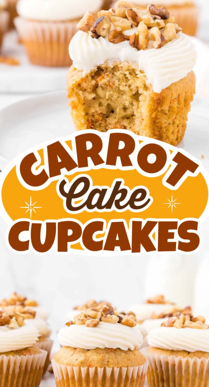 Carrot cake cupcakes topped with cream cheese frosting and chopped nuts, one cupcake with a bite taken out.