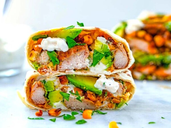 Chicken, Avocado, and Corn Burritos.