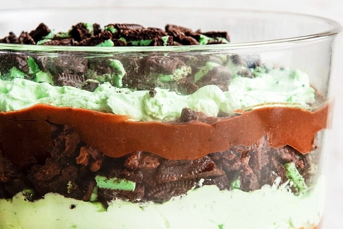 Indulge in a delightful mint chocolate trifle served in a glass. Perfect for satisfying your sweet cravings.