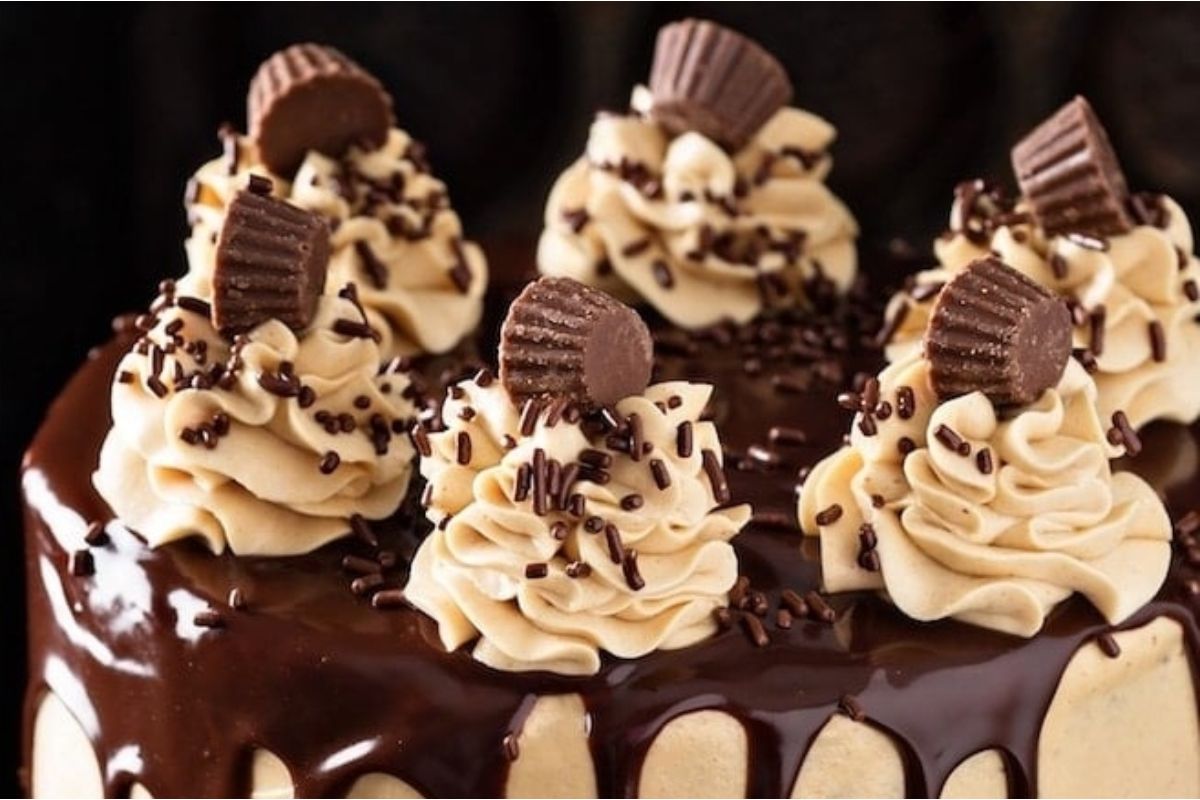 A chocolate peanut butter cake with peanut butter frosting.