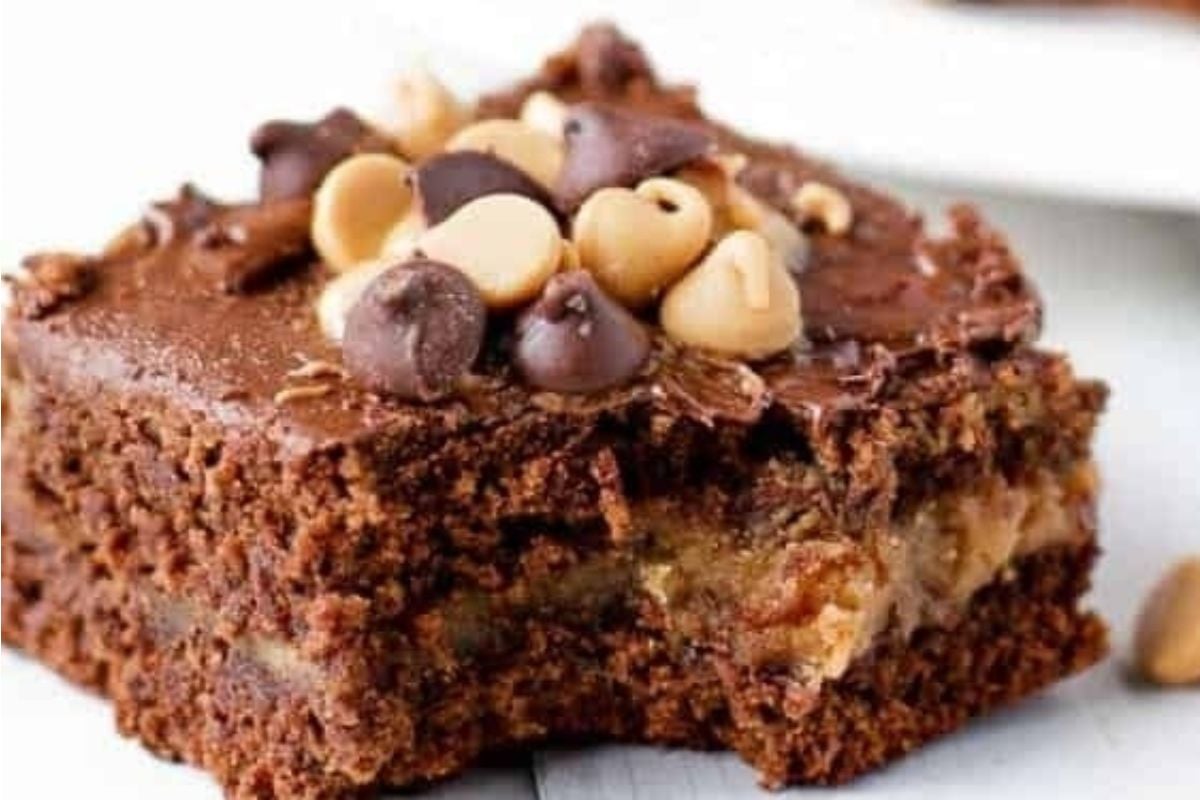 Chocolate peanut butter brownies on a white plate.
