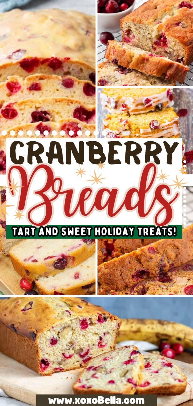 Collage of cranberry breads slices and loaves, showcasing their tart, sweet texture and festive appearance.