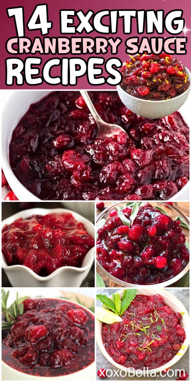Collage of six bowls of cranberry sauce, showcasing a variety of unique cranberry sauce recipes.