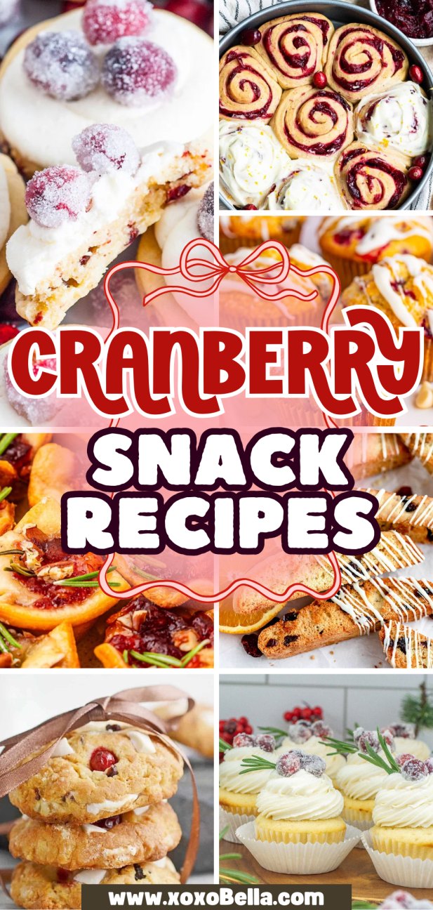 Collage of cranberry snack recipes and desserts, including cookies, rolls, tarts, and muffins, adorned with festive decorations.