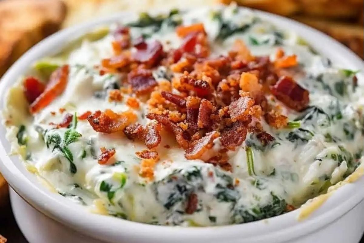 Creamy spinach dip topped with crispy bacon bits in a white bowl—one of the best slow cooker game day recipes for your next party.