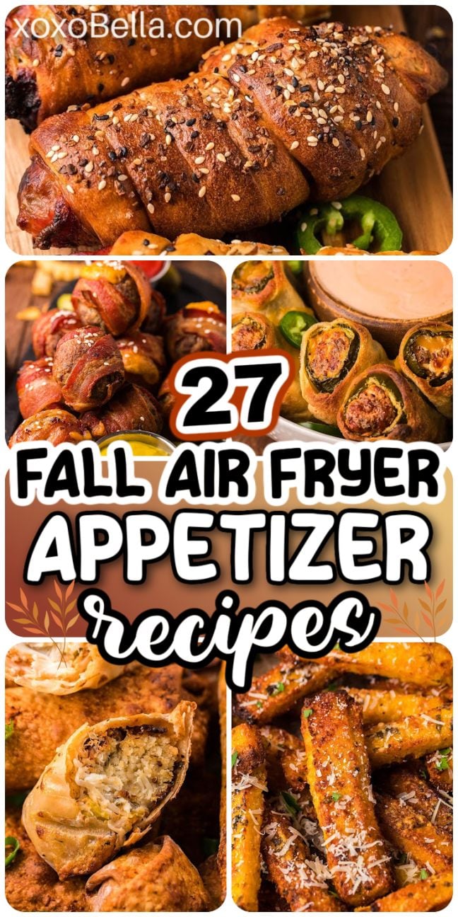 Various fall air fryer appetizer recipes shown with golden textures, dips, and garnishes, all cooked to crispy perfection.