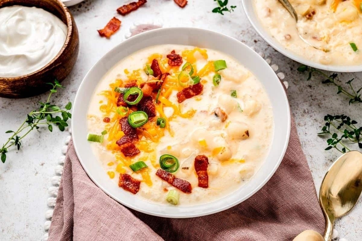 A bowl of creamy soup, perfect for slow cooker game day recipes, topped with bacon, shredded cheese, and sliced green onions, with a spoon nearby.
