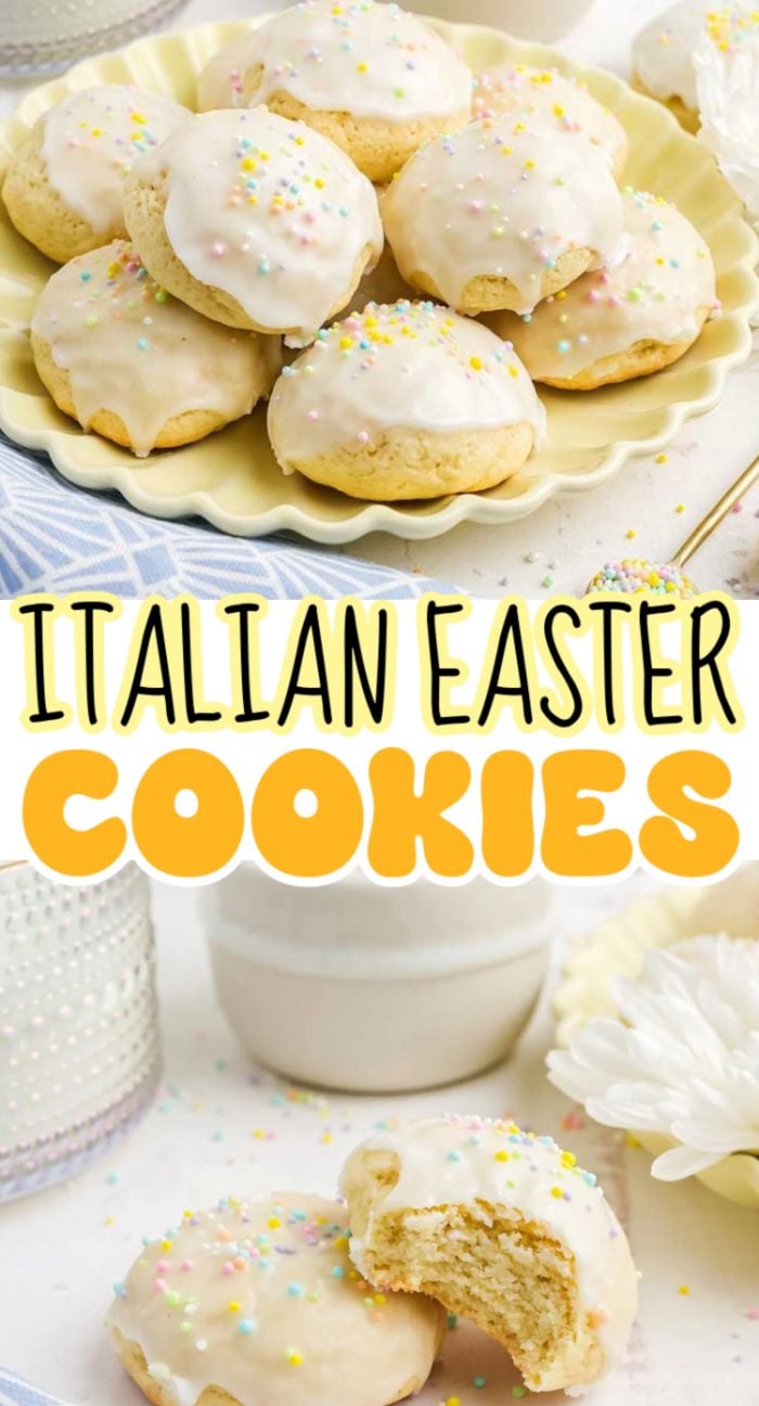 Plate of round, glazed Italian Easter cookies with colorful sprinkles, some with a bite taken out to reveal the soft texture inside.