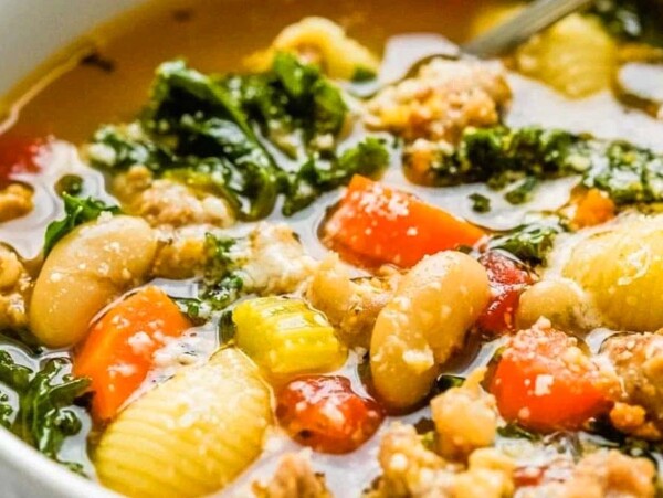 Italian Sausage Soup With Pasta, White Beans And Kale.
