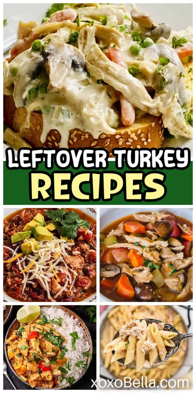Collage of five leftover turkey recipes, featuring pasta, stew, chili, and rice bowls.