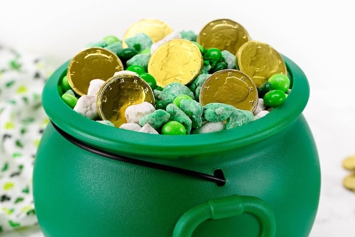 St Patrick's day sweets in a green pot.