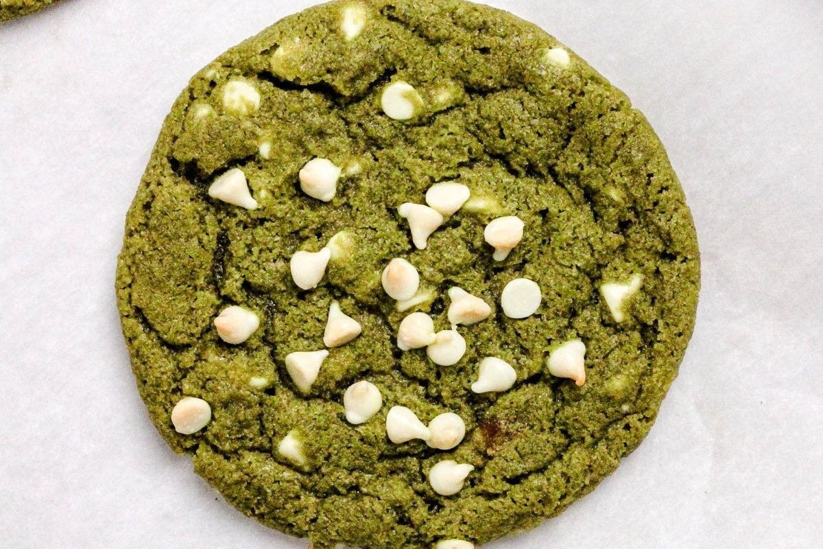 Green matcha cookies with white chocolate chips, perfect for St Patrick's snacks.