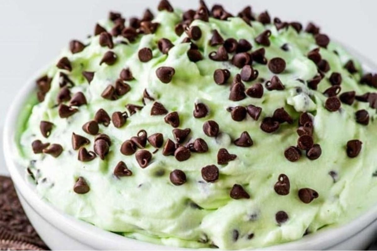 Indulge in a refreshing bowl of mint chip ice cream filled with chocolate chips.