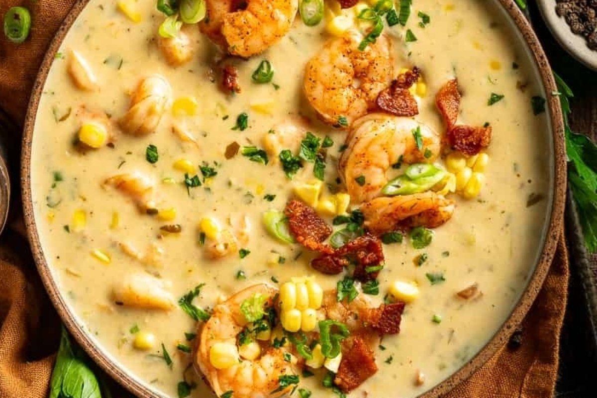 A creamy seafood chowder with shrimp, corn, and bacon garnished with green onions served in a rustic bowl—true comfort food.