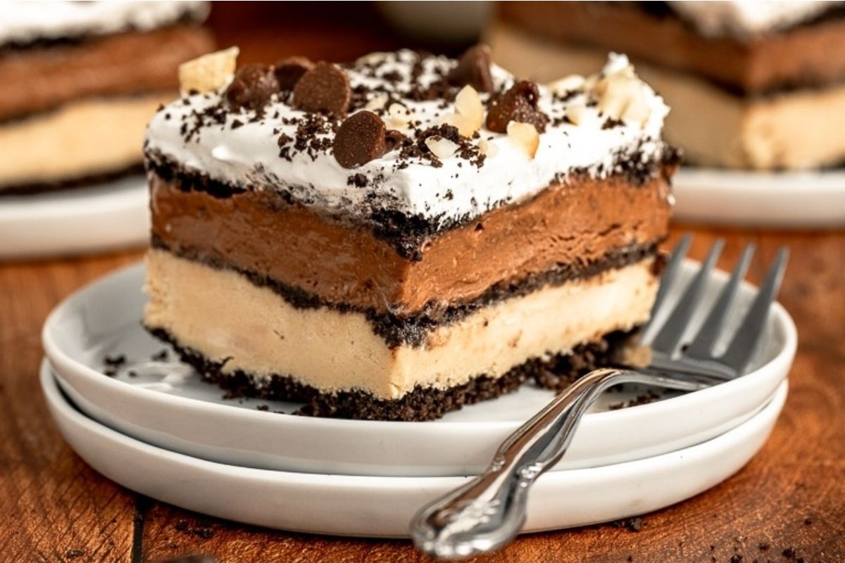 A slice of chocolate peanut butter ice cream cake on a plate.