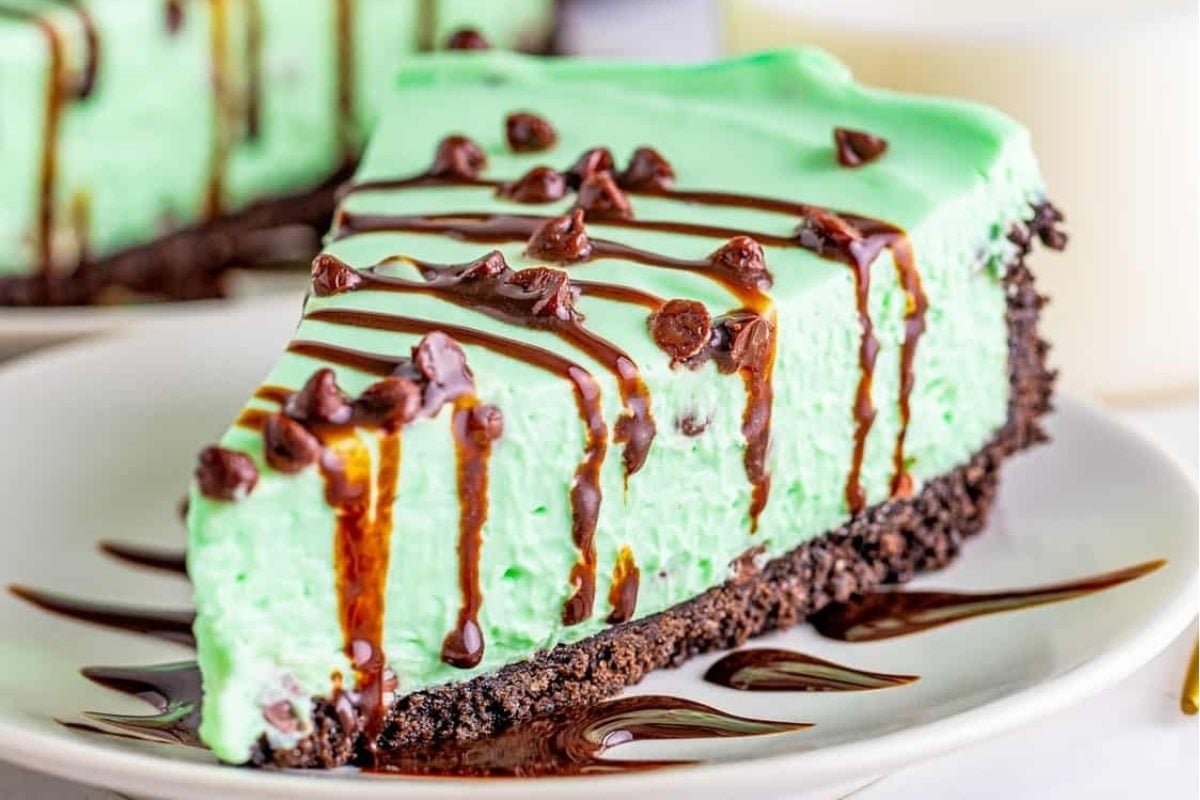 A slice of mint chocolate chip pie on a plate is a delicious treat for those looking for chocolate mint recipes.