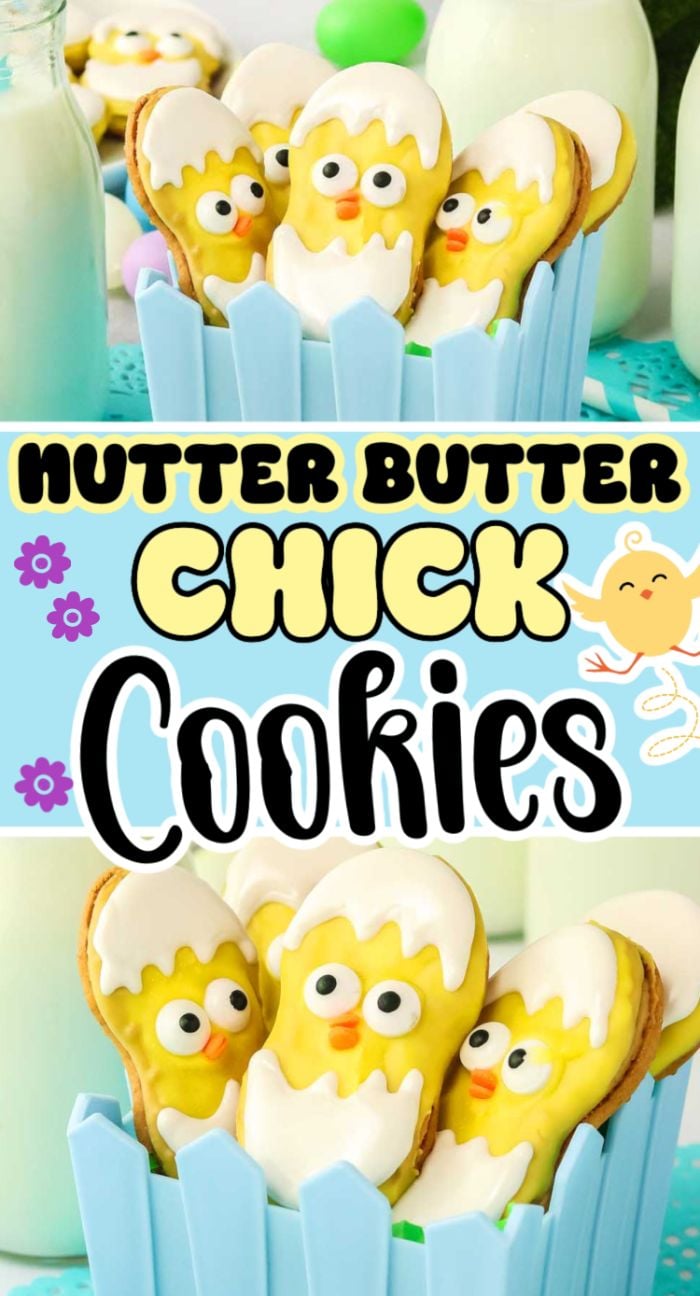 Four Nutter Butter hatching chick cookies, decorated as yellow chicks in eggshells, are displayed in a blue holder beside milk bottles.