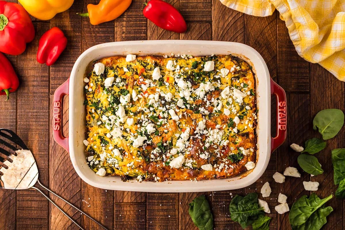 Loaded Pepper Spinach Cheese Egg Casserole.