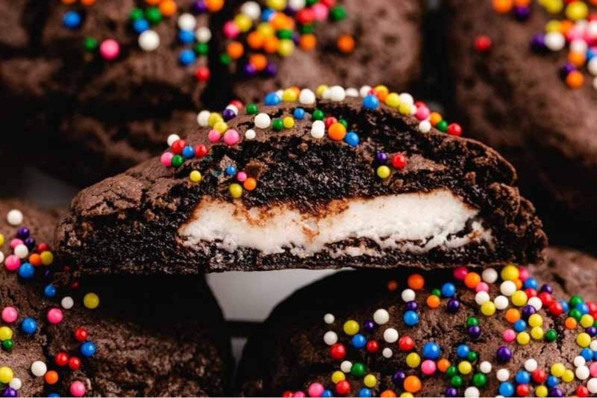 A chocolate cookie with a bite taken out of it, perfect for your mint cravings.