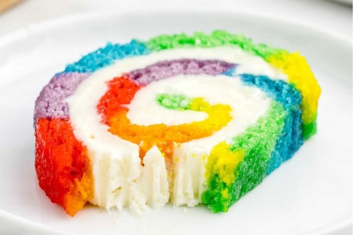 A vibrant rainbow cake displayed on a plate.