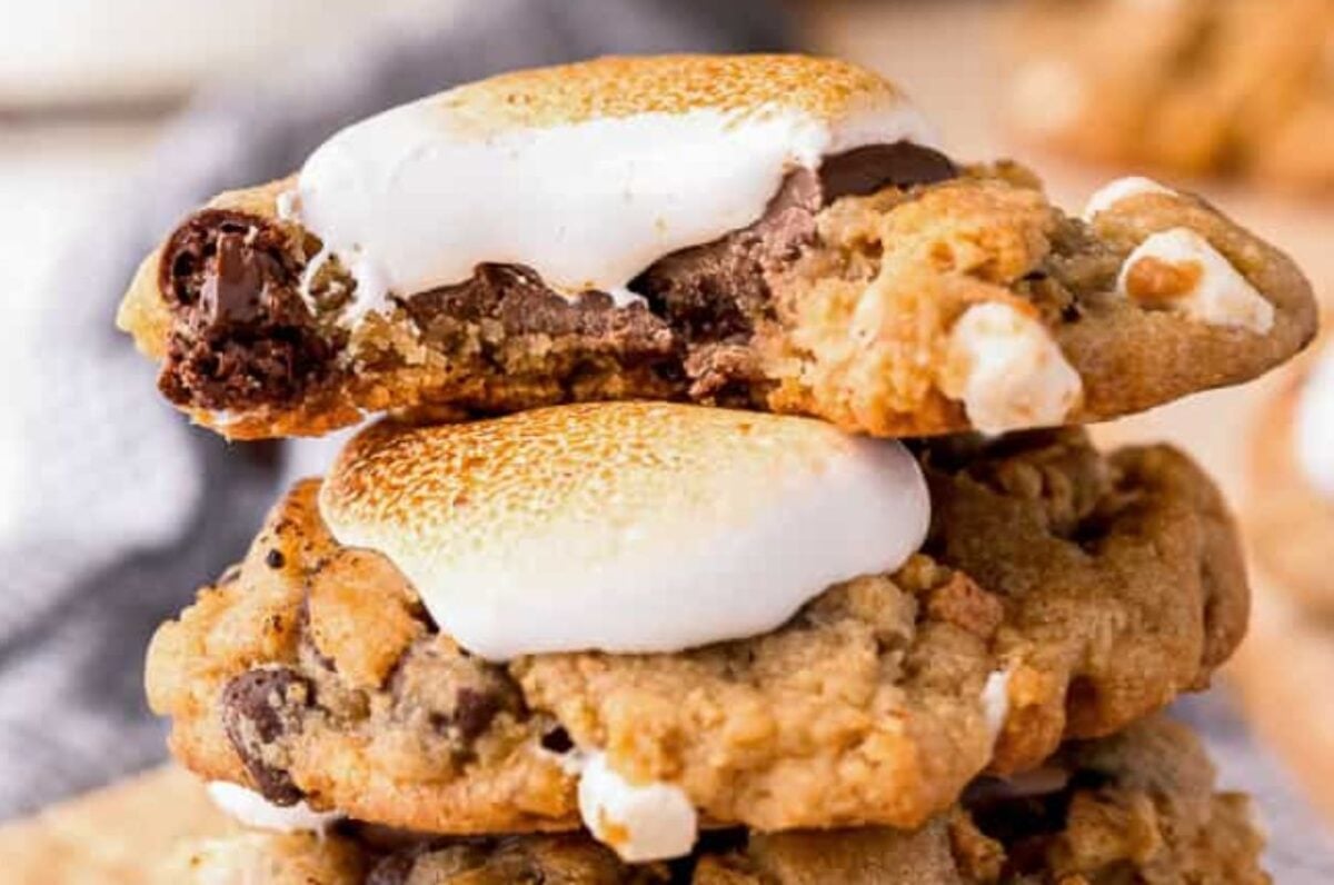 Toasted marshmallow sandwiched between chocolate chip cookies.