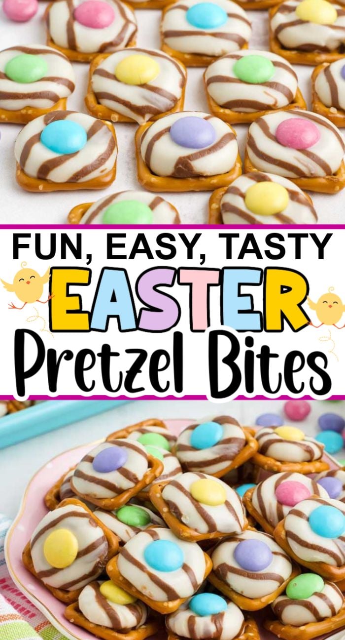 Square pretzels topped with striped chocolate and pastel candy-coated chocolates make festive spring pretzel bites, perfectly arranged for Easter.