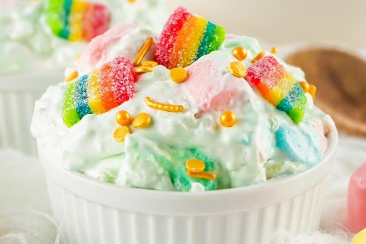 St Patrick's sweets with rainbow sprinkles in a bowl.