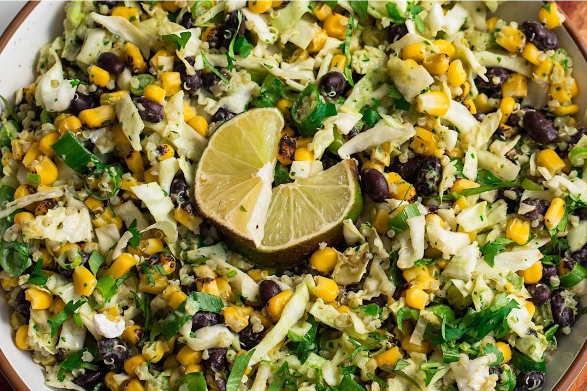 A bowl of taco flavored Mexican corn and black bean salad.