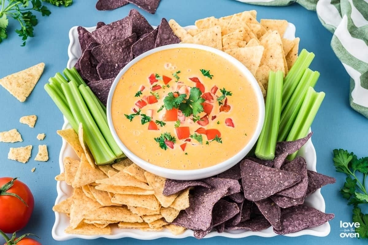 A bowl of cheesy dip surrounded by tortilla chips and celery for a girl's dinner.