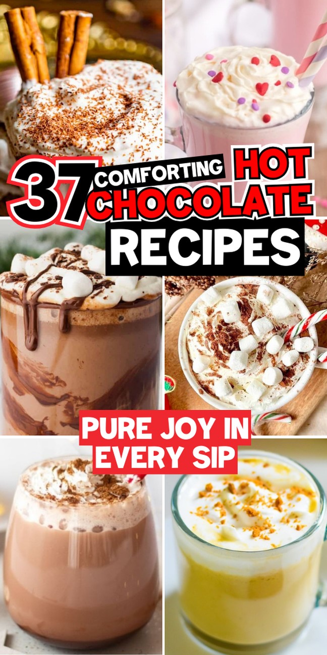 Collage of six mugs of hot chocolate with whipped cream, sprinkles, and toppings, text overlay featuring delicious hot chocolate recipes.