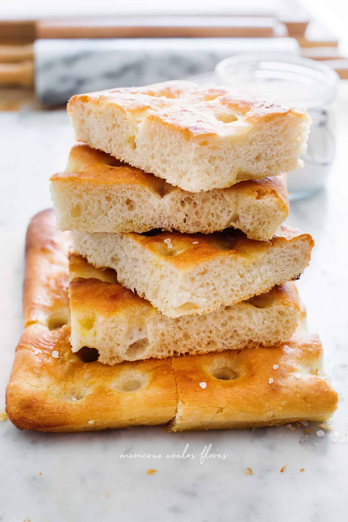 italian Ligurian Focaccia cut and piled.