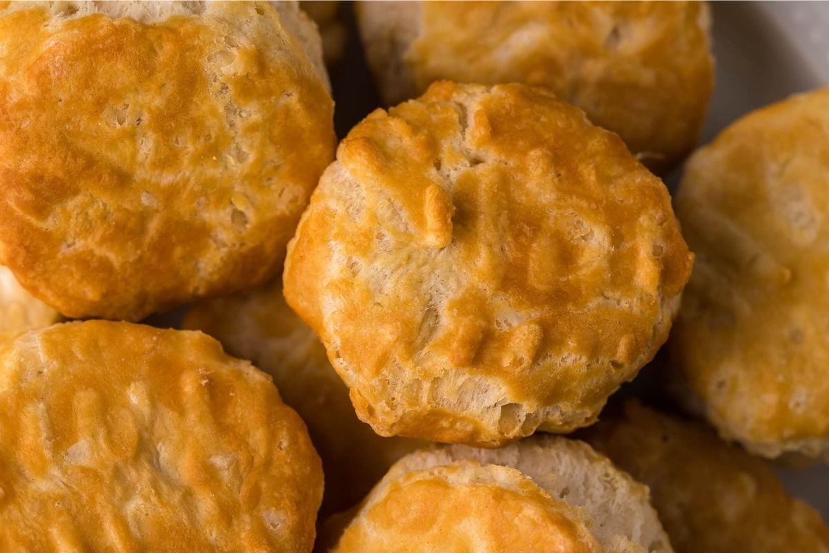 Close-up of freshly baked breakfast biscuits.