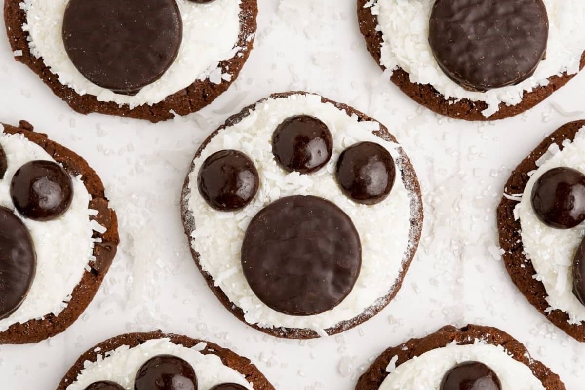 Chocolate Cookie Recipes decorated with white frosting, coconut flakes, and chocolate pieces to resemble panda faces.