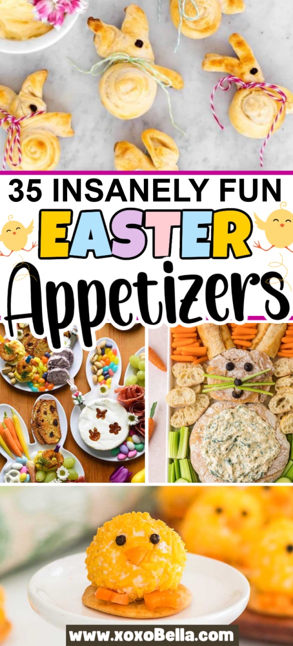 Collage of creative Easter appetizer ideas shaped like bunnies and chicks, featuring colorful decorations.