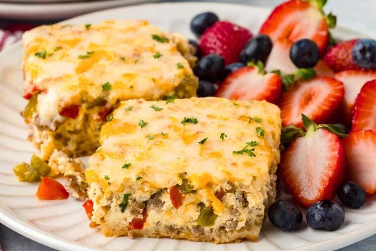 Spring breakfast casserole on a plate with strawberries and blueberries.