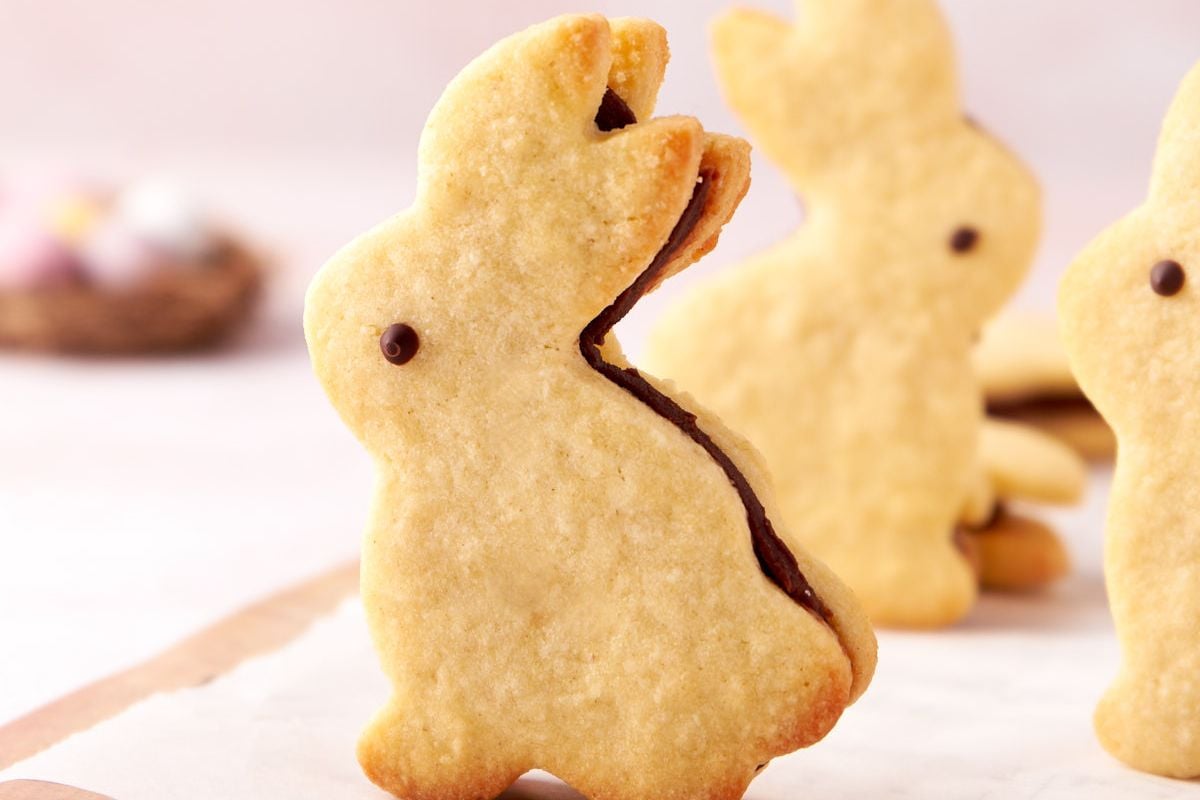 Easter-themed bunny-shaped Easter cookie with a chocolate filling.