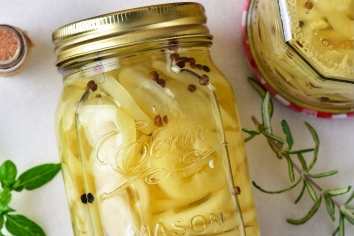 A jar of pickled vegetables with spices, herbs, and recipes.