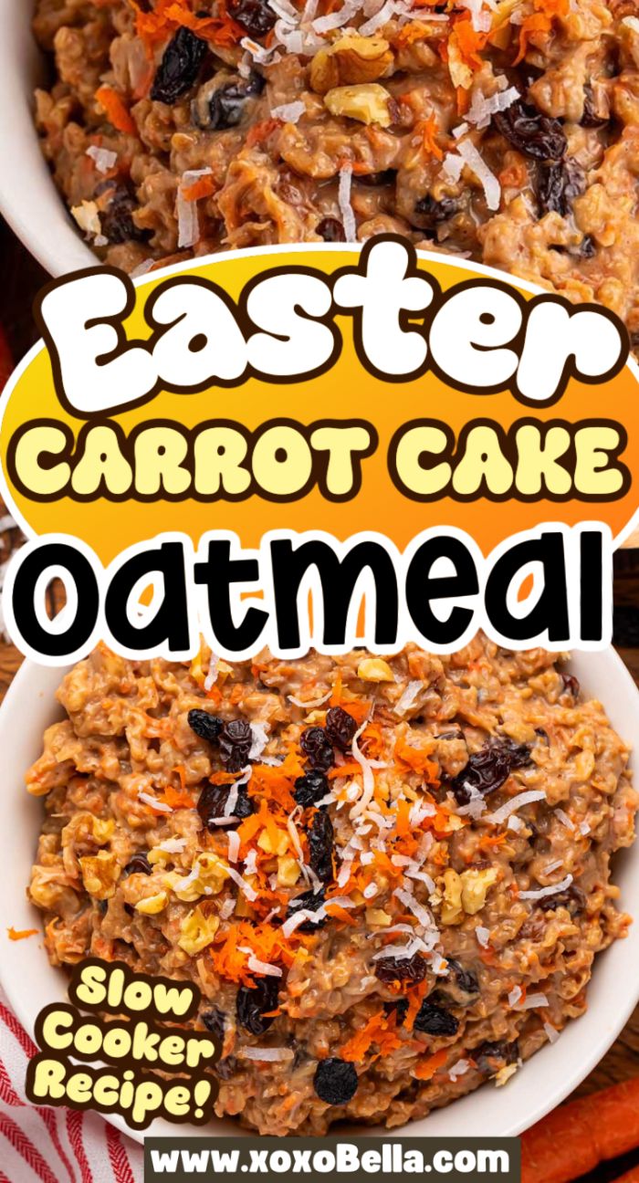 Close-up of Carrot Cake Slow Cooker Oatmeal topped with shredded coconut, raisins, and walnuts, labeled as a comforting breakfast recipe.