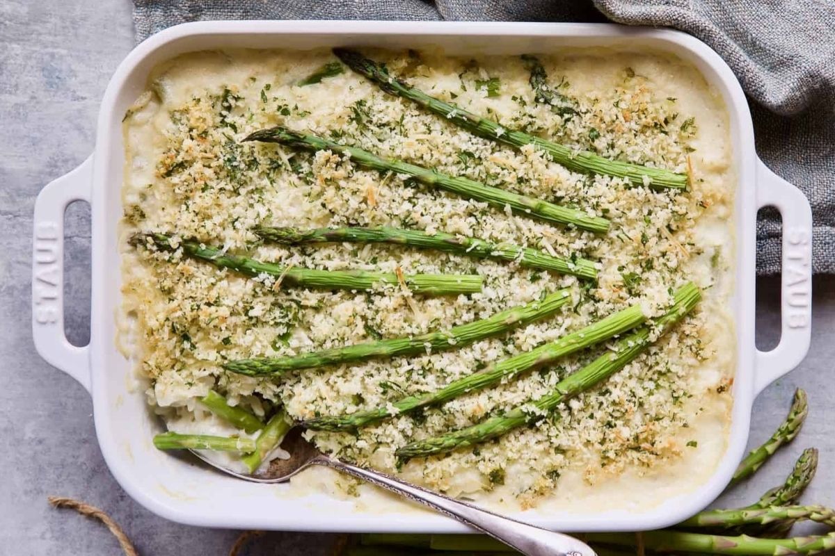 A spring casserole dish with asparagus and parmesan cheese.