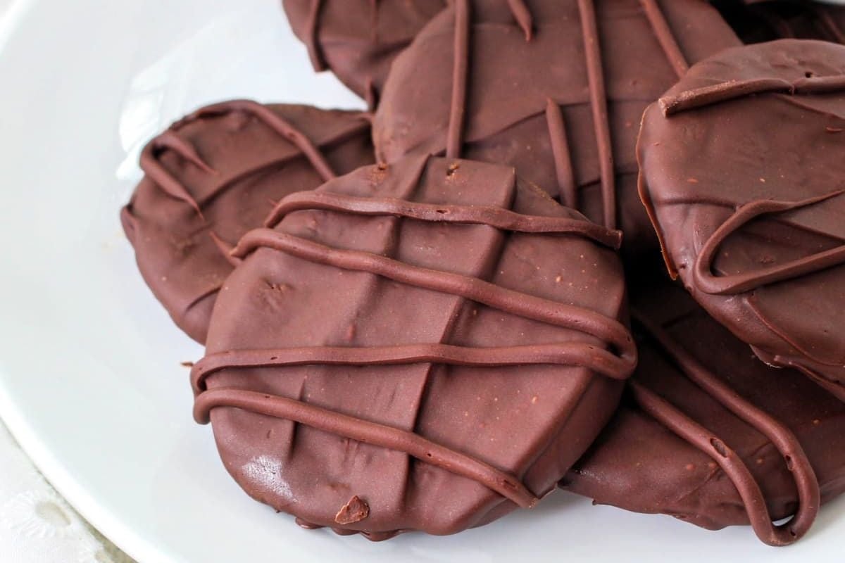Chocolate-covered cookie recipes with drizzled chocolate topping on a white plate.