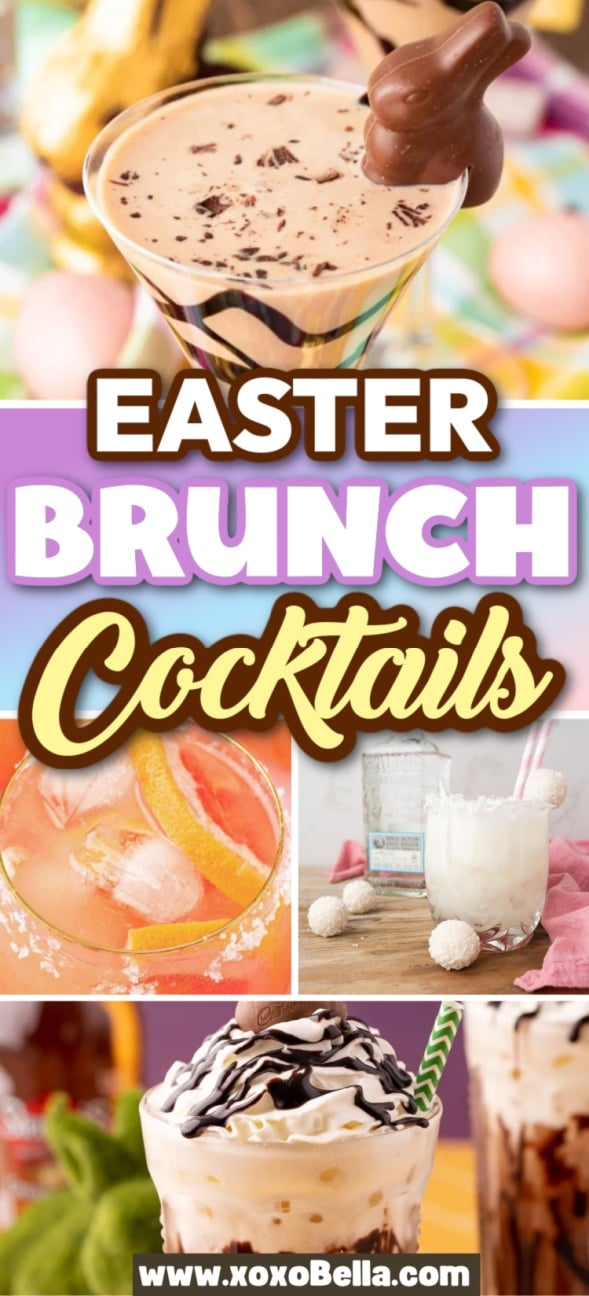 A collage of festive Easter cocktails for brunch, topped with chocolate, fruit, and whipped cream.