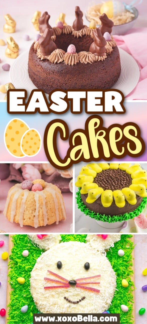 Collage of colorful Easter cakes, including bunny, sunflower, and egg designs, all beautifully decorated with festive Easter cakes decorations.