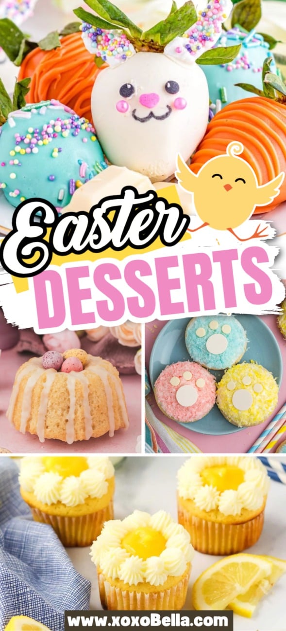Colorful Easter desserts, including decorated cupcakes, cookies, cake, and chocolate-covered strawberries.