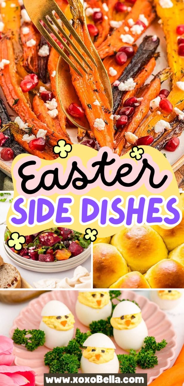 Collage of colorful Easter sides, featuring carrots, salad, bread rolls, and deviled eggs decorated as chicks.
