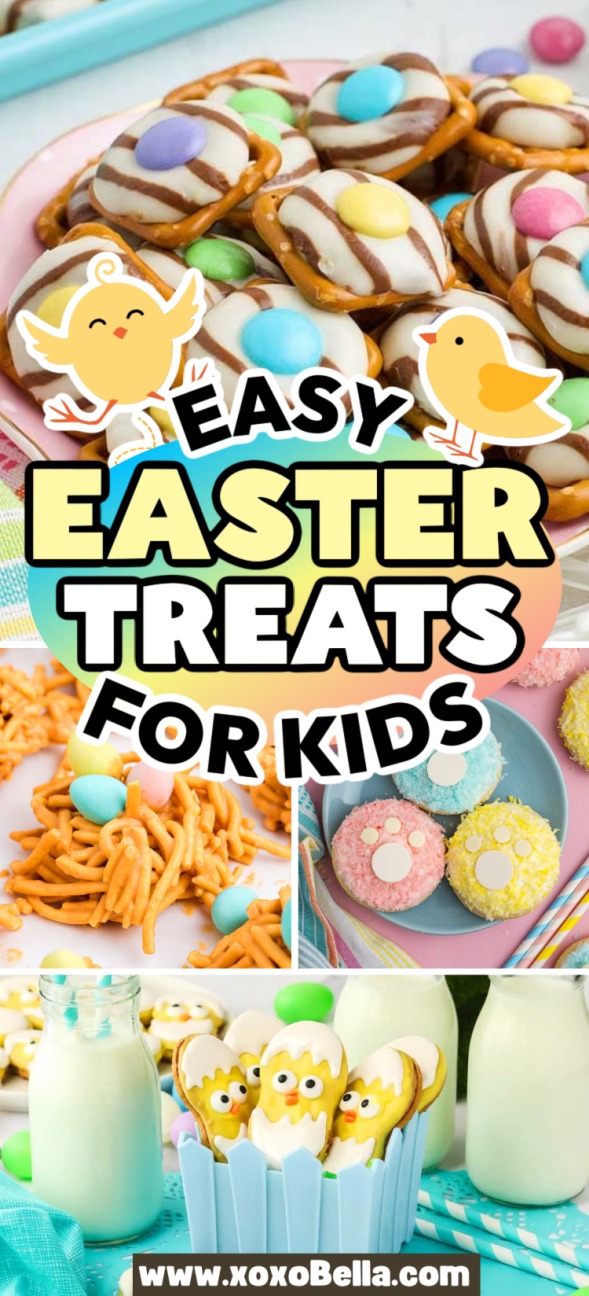 A collage of colorful Easter treats for kids, featuring cookies, candies, and milk bottles with chick faces—perfect inspiration for creative Easter treats for kids.