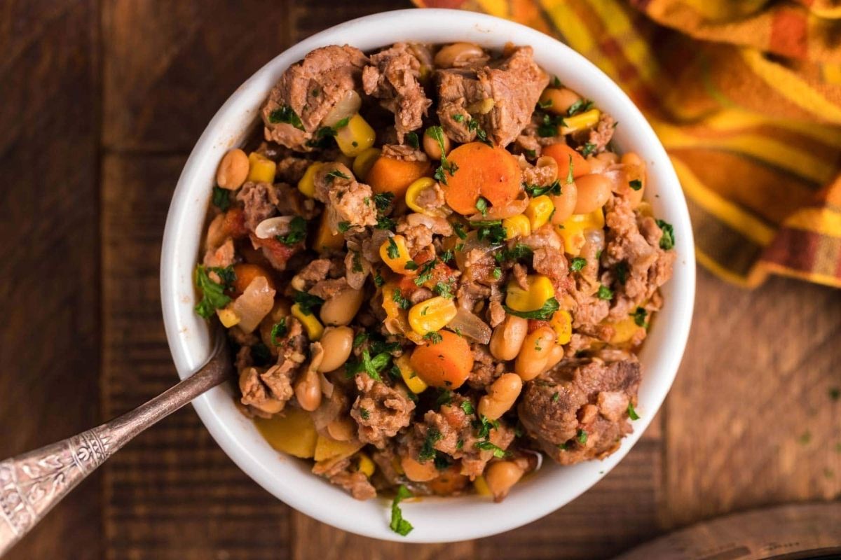 A white bowl with slow cooker recipes including meat, beans, and vegetables.