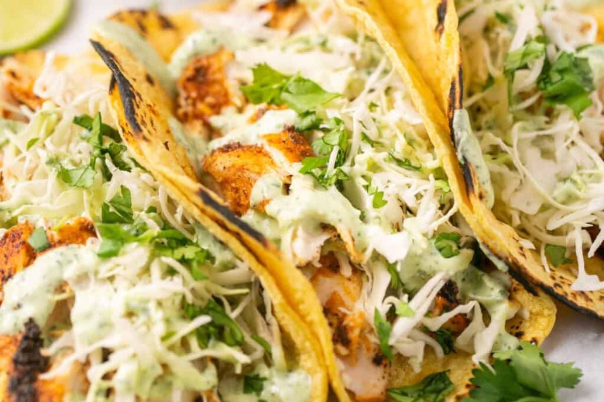 Grilled seafood recipes with shredded cabbage and creamy sauce, garnished with cilantro and lime in crispy yellow corn tortillas.