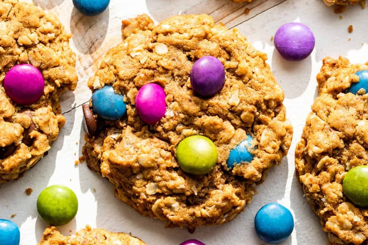 Home-baked Easter oatmeal cookies decorated with colorful candy eggs.